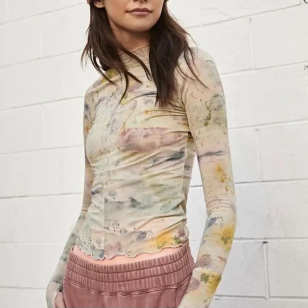 Free‎ People Mesh High Jump Long Sleeve Mock Neck Top Transcend Speckle M